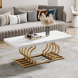 Tribesigns Modern Coffee Table, 47 Inch Faux Marble Cocktail Table with Geometric Frame, Rectangular Center Table Tea Table Accent Furniture for Livin