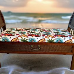43” Wide Tommy Bahama Style Wood Bench Ron Jon Like Surfer Volkswagon Print Fabric