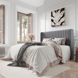 Light Gray Wingback Velvet Bed Frame Queen Size