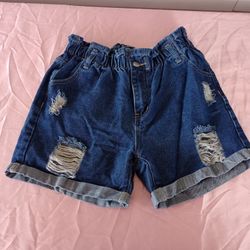 Shein Shorts Girls Size 11/12Y Denim Paperbag Destroyed Distressed Elastic Waist