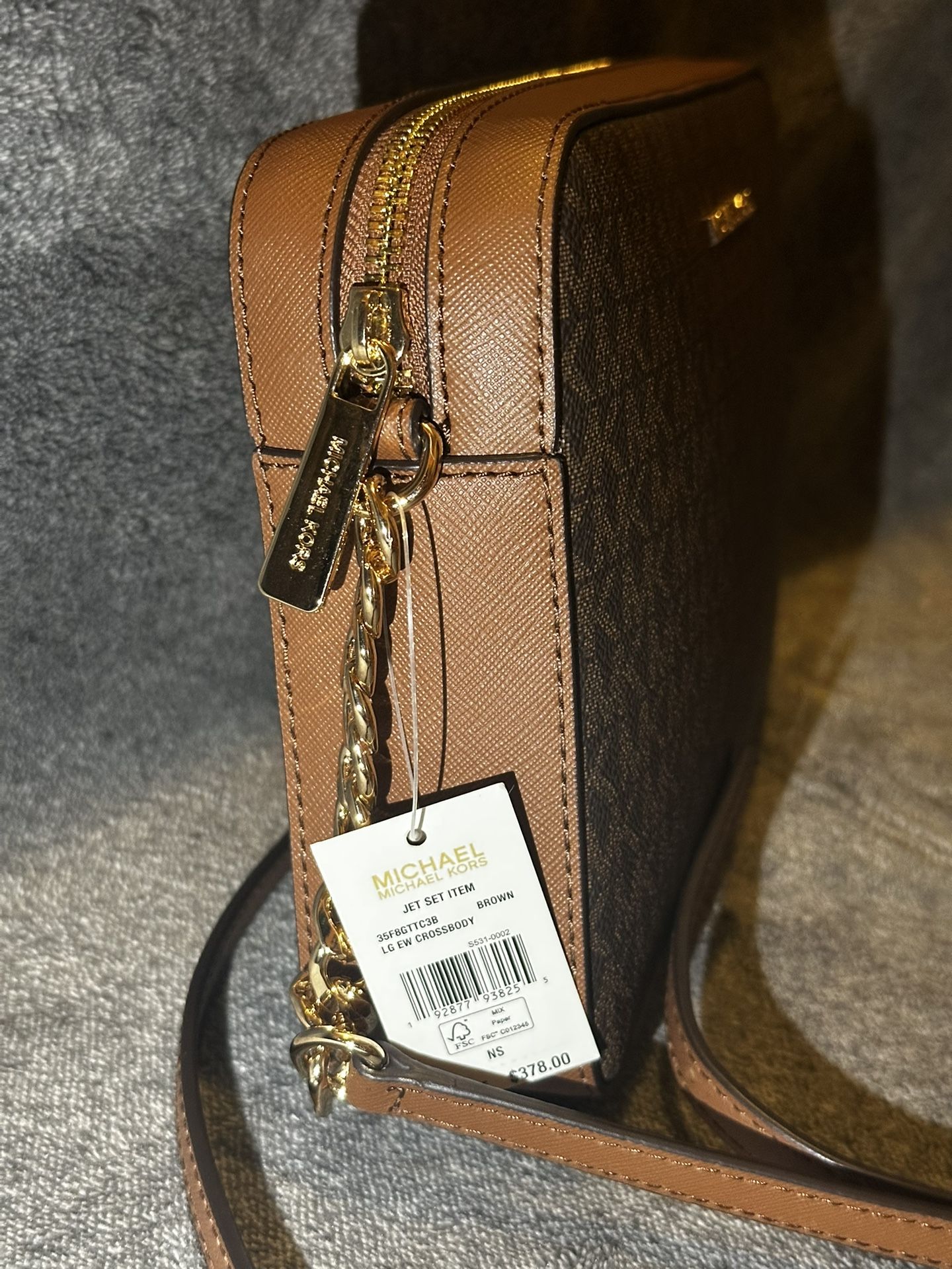 Michael Kors Jet Set Large Printed Logo Crossbody Bag Handbag Brown $378 Nwt