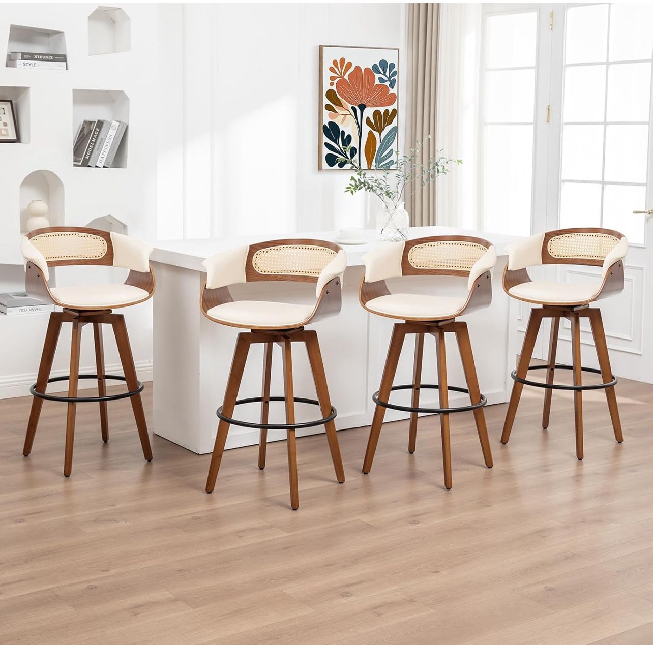 Set of 4 - 26.4 inch Mid Century Counter Stools with Cane Back, Walnut Crafts, Curved Arms, Upholstered Seat, Swivel Counter Stools for Island/Kitchen