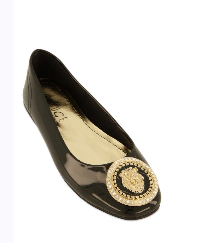 Fancy Vintage Style Lion Face Black Patent Flat Shoes