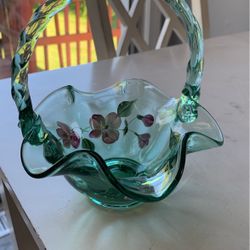 Beautiful Fenton Hand Painted Glass Basket 