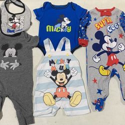 Bundled lot of Mickey Mouse infant boys size 0/3 (overall romper) and 3/6 month romper, one piece, bib and footed sleeper pajamas 