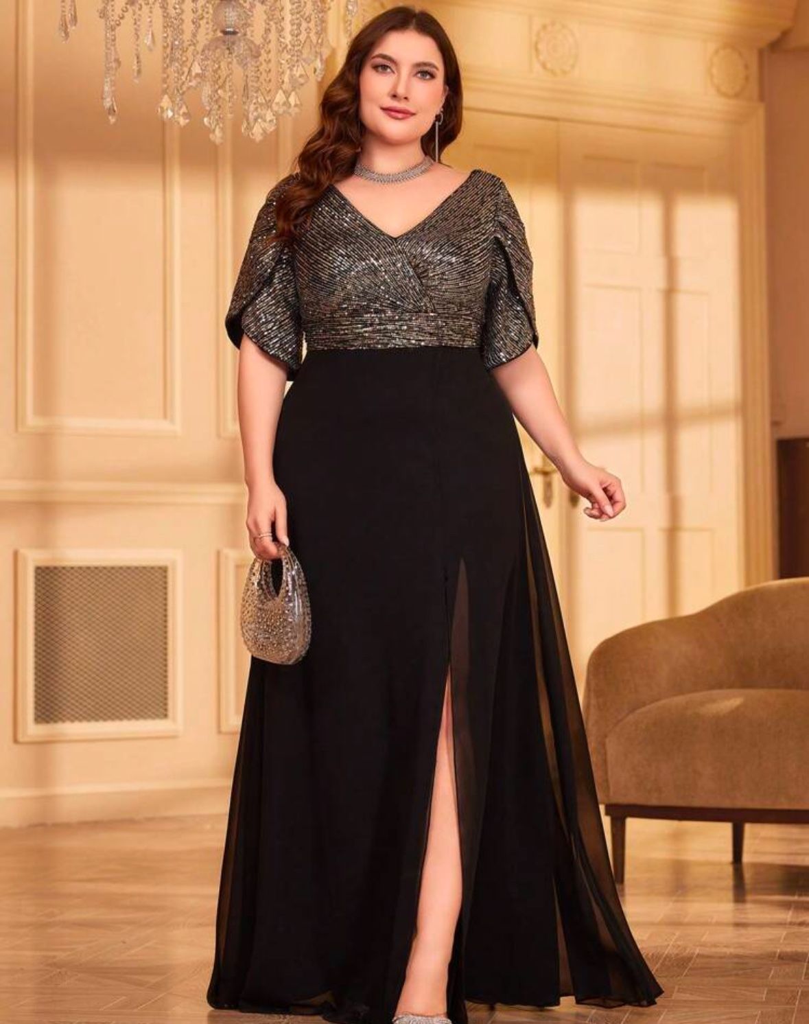 Plus Size Sequin Patchwork Chiffon Formal Dress
