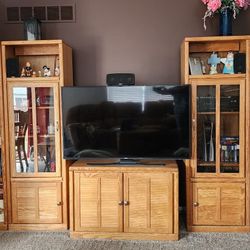 Solid Oak Entertainment Center with lights