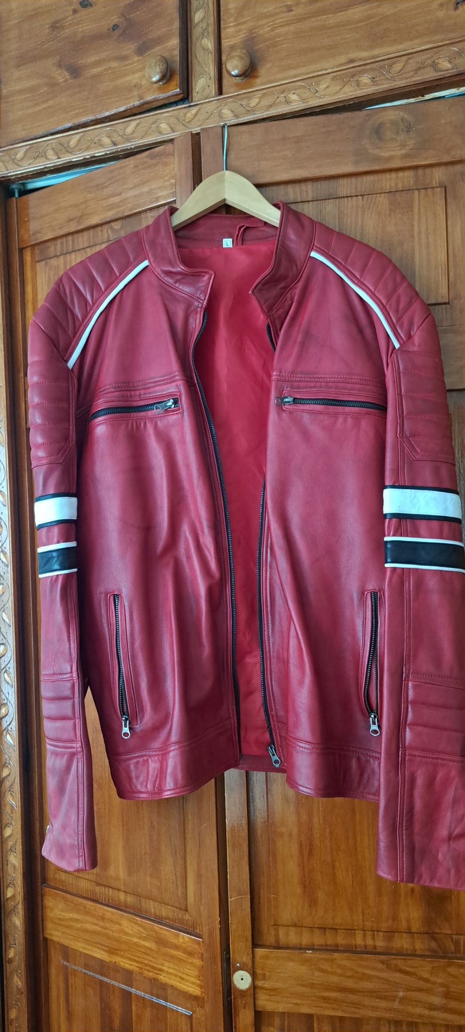 Men’s Red Leather Moto Jacket – Size L – Racing Style, Bold Stripes