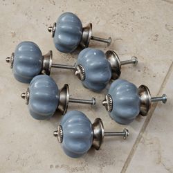 6 pack Vintage Shabby Chic Style Pumpkin Knobs Handles Blue Silver 