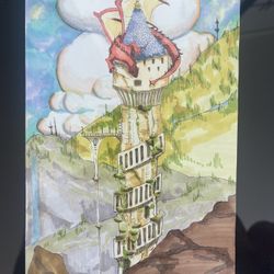 Framed Original Watercolor “Fantasy Dragon On Castle” 7.5”x 12” 