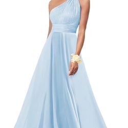 One Shoulder Bridesmaid Dresses for Wedding Chiffon A Line Pleated Long Formal Prom Dress with Pockets Light Blue Size 0
