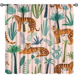 Tiger Blackout Curtains Tropical Plant Palm Trees Leaves Jungle Animal Tiger Colorful Cartoon Art Print Rod Pocket Blackout Bedroom Living Room Bathro