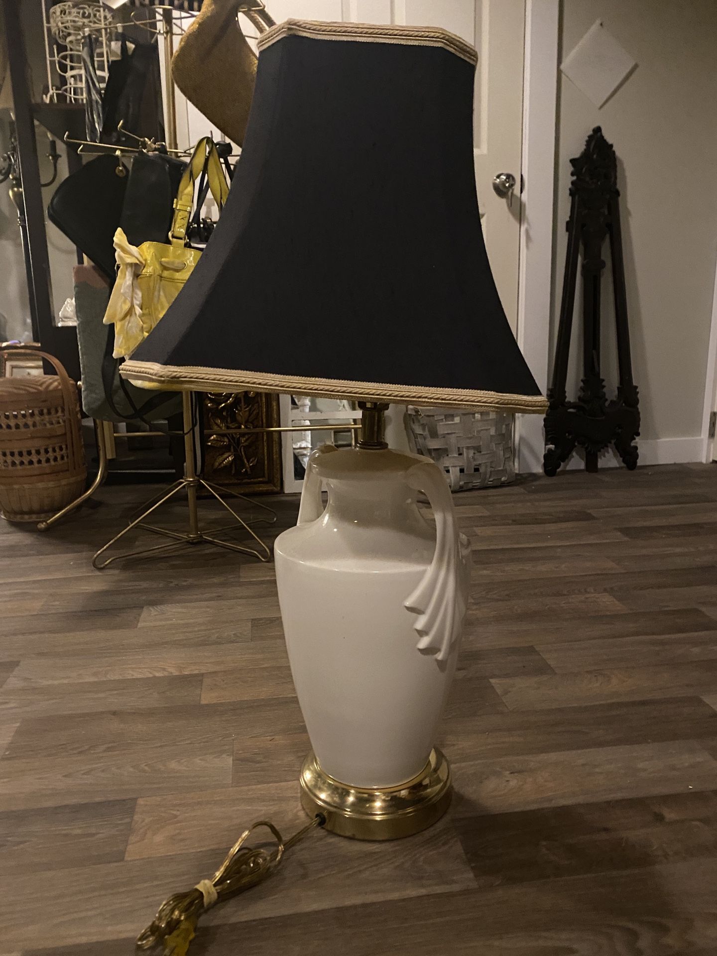 Lamp Mid Century Modern White Ceramic With Shade Gold Accents