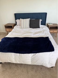 Queen Bed Frame w/ Navy Upholstered Headboard + Mattress – La Jolla