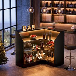 Tribesigns L-Shaped Bar Cabinet, 4-Tier Corner Bar Unit with Stemware Racks, Black