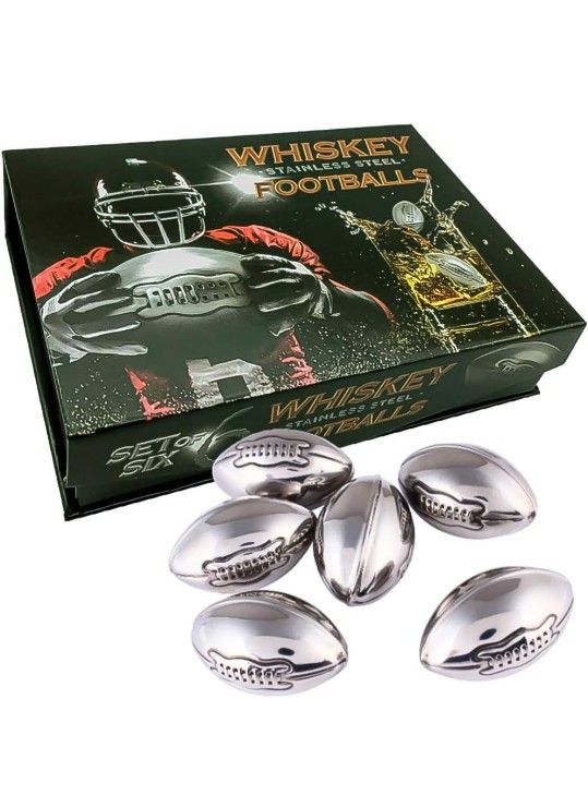 Brand New Whisky Stones Stainless Steel Footballs, Gifts from Daughter, Wife, Son. Reusable Chilling Rocks Ice Cubes Beer Chillers Cool Birthday Gift 