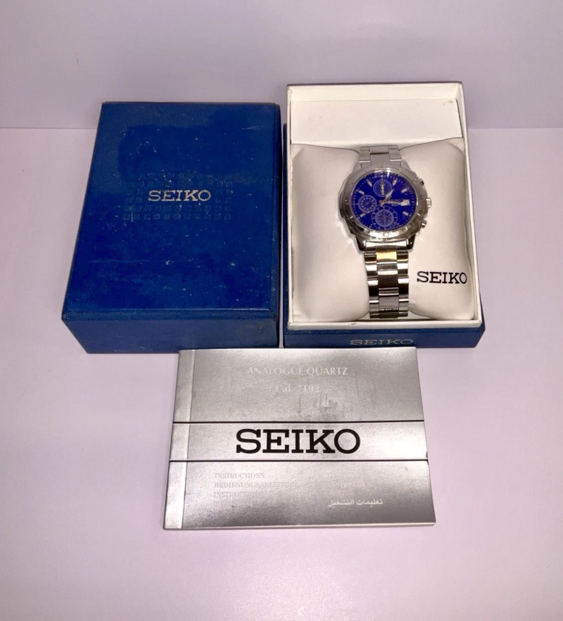 Seiko Chronograph 50m 7T92-0CA0 Blue Dial 39.5mm Quartz Mens Watch NOS!