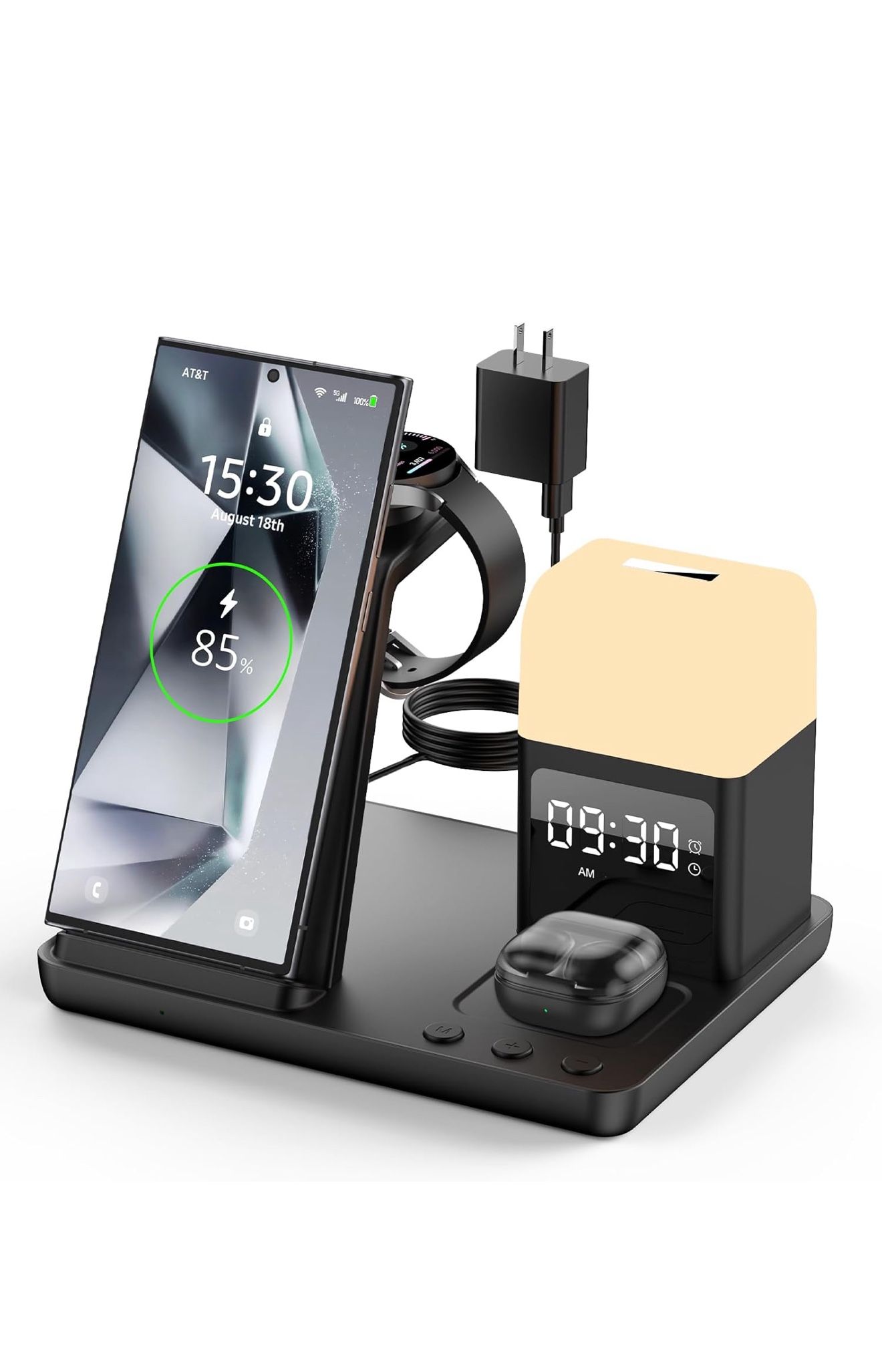 Wireless Charger for Samsung/Android Charging Station, 6 in 1 Fast Watch Charger with Alarm Clock-Night Light, Compatible for Galaxy S25 Ultra/S24/S23