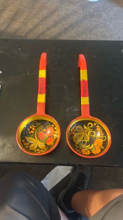 Vintage Russian Khokhloma Hand Painted Laquered Wood Ladle Spoon Set Of 2 Large
