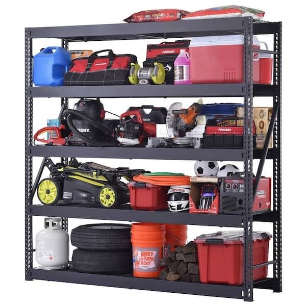 Three (x3) Husky 5-Tier Industrial Steel Black Storage Shelves (90" x 90" x 24")