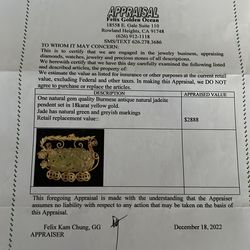 Stamp .750 Gold / Jade Pendant/ Appraisal Attached