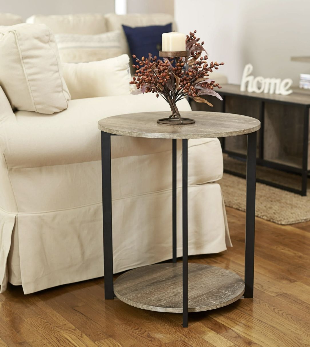 Household Essentials Jamestown Round End Table, Ashwood Rustic Wood Grain & Black Metal, New-Open Box