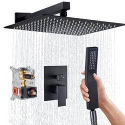 Luxury Shower System 12 in. Single Handle 1-Spray Square Shower Head 1.8 GPM with Pressure Balance Valve  in Black
