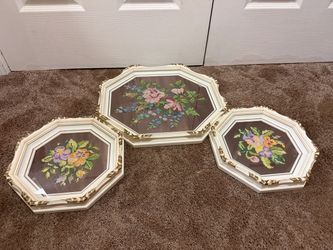 Vintage Framed Floral Needlepoint Wall Art Set (Woodward's)