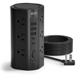 SUPERDANNY Tower Power Strip, 10Ft Extension Cord, 1700J, 12 AC 5 USB,Black 3 USB A, 2 USB C, Surge Protector Power Tower, Flat Plug, Desk Charging St