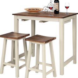 COSTWAY 3 Pieces Dining Set, Counter Height Pub Table Set with 2 Saddle Stools, Industrial Wood Breakfast Table Set for Bar, Kitchen, Living Room, Res