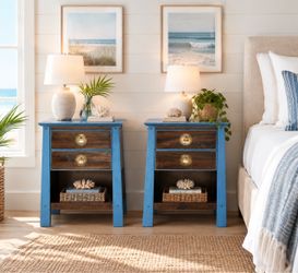 🌊 Santorini Blue & Dark Wood Nightstand Set — Coastal Style
