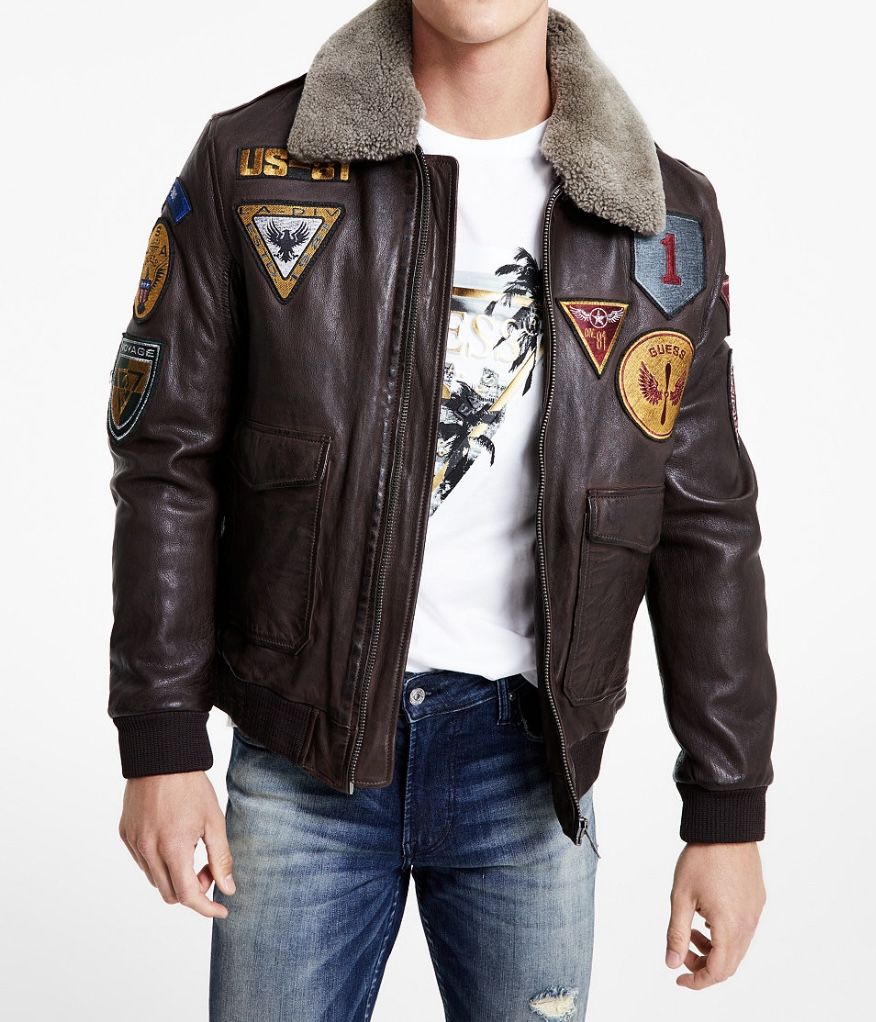 Guess Aviator Patches Leather Bomber Jacket, M