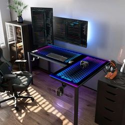 EUREKA ERGONOMIC RGB LED Lights 60 Inch L Shaped Reversible Black Glass Gaming Desk Home Office Computer Table GTG L60