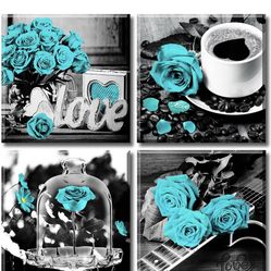 Teal Rose Wall Art Decor 