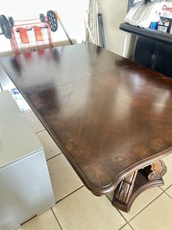 Solid Wood Dining Table + 6 Chairs – Ornate Carved Pedestal Base