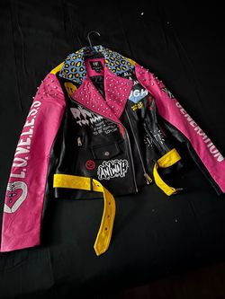 Women Red Fox Studded Graffiti Moto Jacket Size M