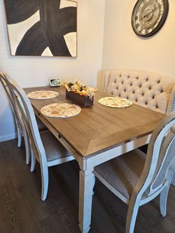 Farmhouse dining table with 3 chairs and bench