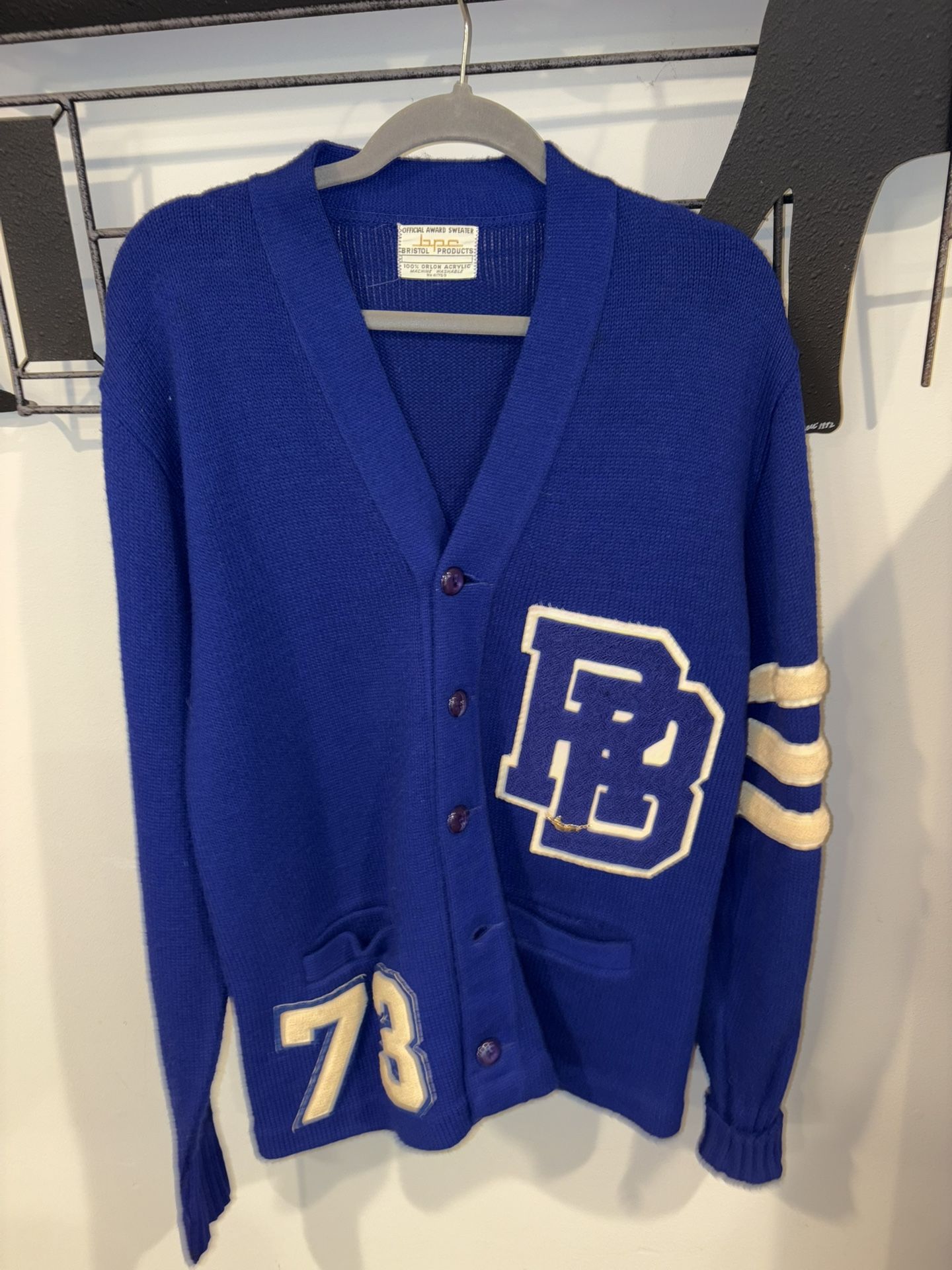 Riverside Brookfield HS Dist. 208 ILL vintage Letterman sweater 1973 blue varsity cardigan. Great for Halloween costume