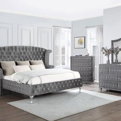 Two piece in California king bedroom set with Cal King platform bed frame and chest of drawer