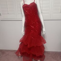 Medium red velvet sequin long stretchy evening formal dress gown Coctail ruffle