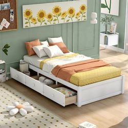 NEW White Twin Platform Bed with 3 Drawers Storage