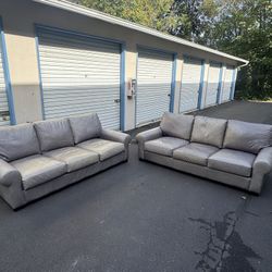 Matching Set Of Gray Genuine Leather Pottery Barn Turner Sofas 