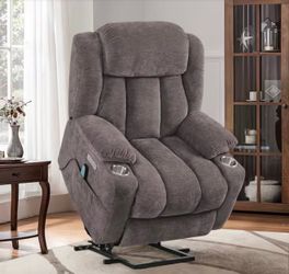 Jupiter Oversized Taupe Polyester Power Lift Assist Power Recliner Chair with Massage and Heat for Elderly