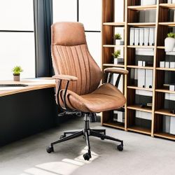 New ovios Ergonomic Home Office Chair, Mid-Century Modern Faux Leather Chairs with Padded Armrests, Comfy High Back Swivel Rolling Executive Computer 