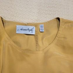 Vintage Adrianna Pappell Sz 14 Silk Mustard/Gold Dress Suede Buckle Rear Buttons Dolman Sleeve 