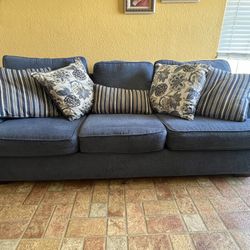 Blue Fabric Sofa with Decorative Pillows 