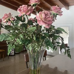 Pink Roses, Artificial Flowers In Vase With Faux Water 