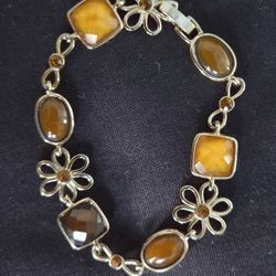 Vintage Bracelet Citrine Shade Glass Stones 7" Gold Tone