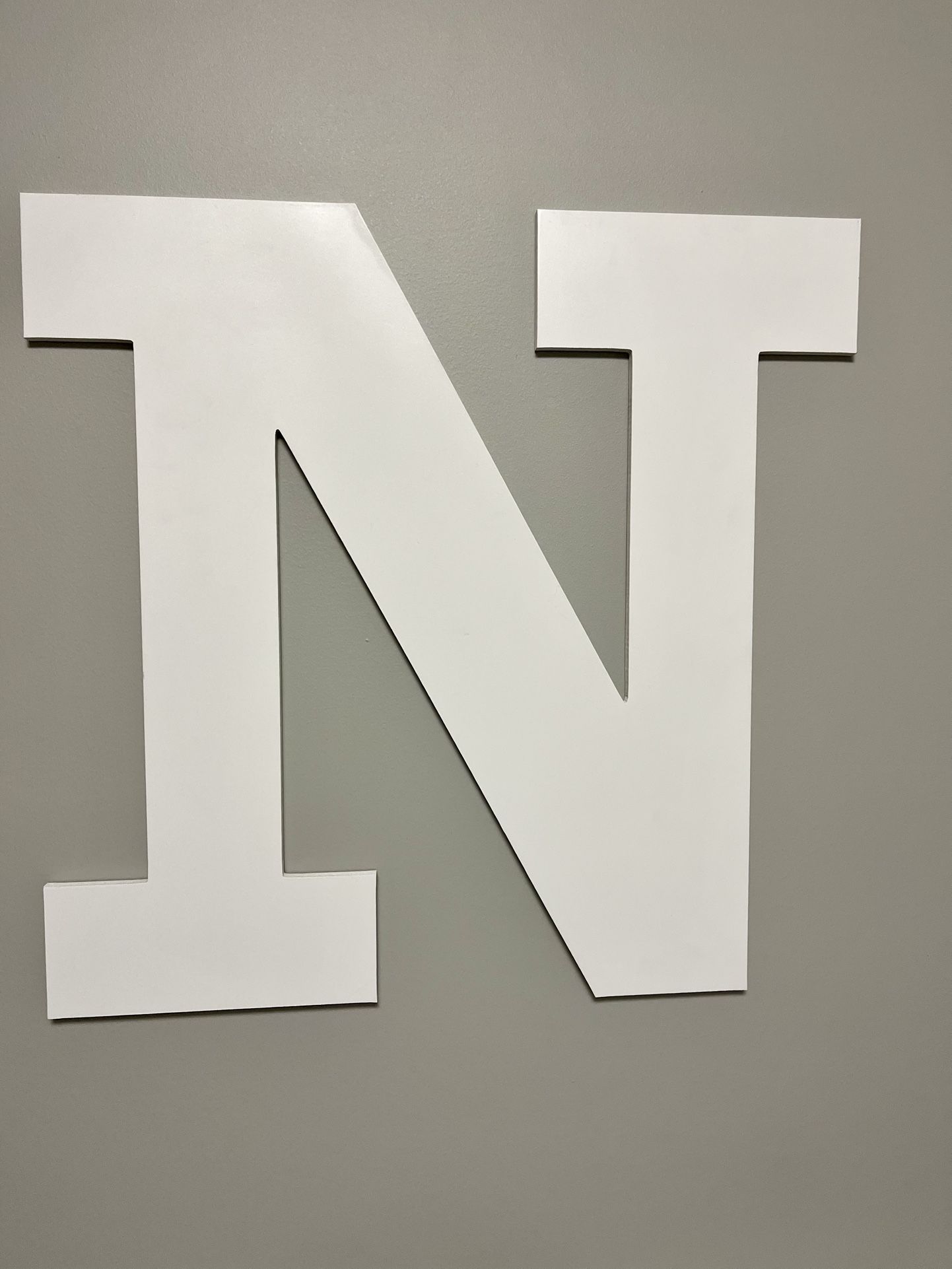 2 Feet "N" Wooden Initial Letter Large enough just to hang one letter as first or last initial. 2 foot large painted white wooden letter. Only N left.
