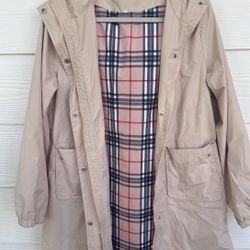 Women’s Hooded Rain Jacket Size Small Beige Plaid Windbreaker Lightweight Coat